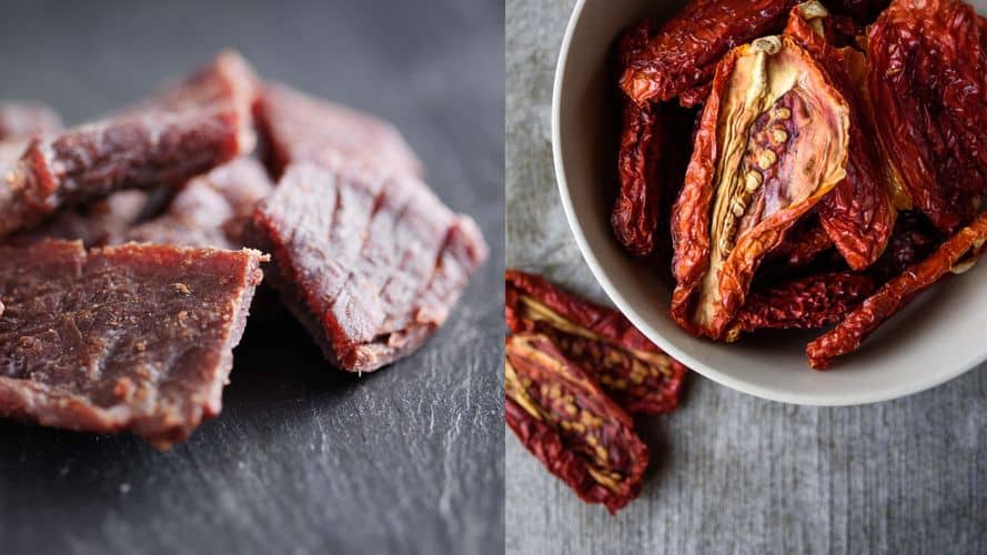 close up shots of jerky meat next to close up of dehydrated tomatoe